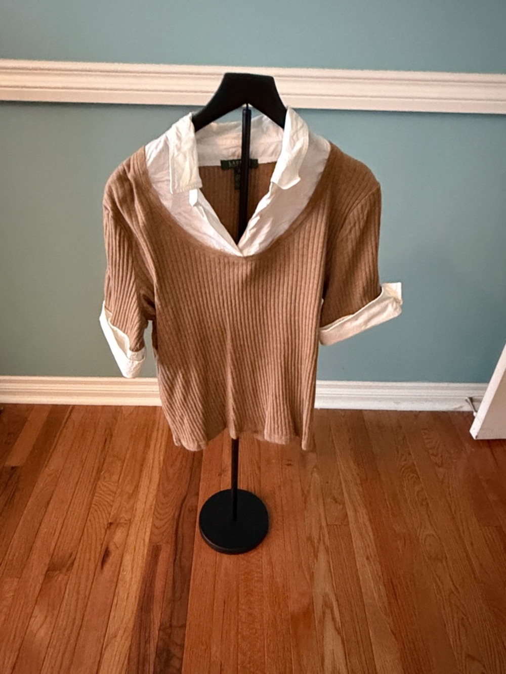 Ralph Lauren Tan Ribbed V-Neck Sweater with White Shirt Trim